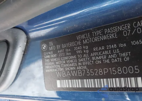 2008 BMW 335I z USA, uszkodzony, nr VIN WBAWB73528P158005